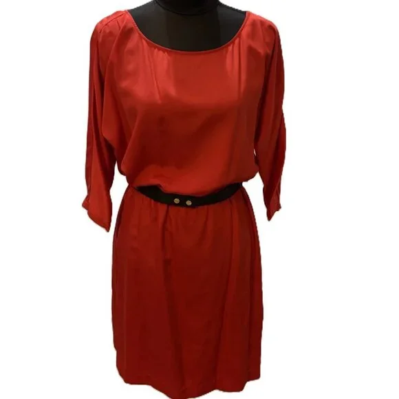 MICHAEL KORS Red Blaze Blouson Waist Dress, 3/4 Sleeve Removable Belt NWT $140 - Picture 2 of 16